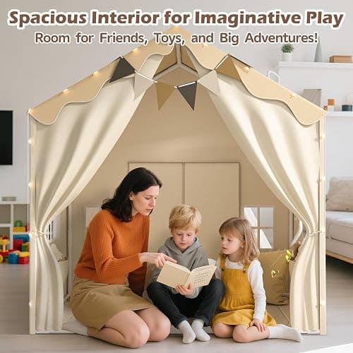 EagleStone 2-in-1 Kids Tent,Large Play Tent with Padded Mat and Lights,Kids Playhouse with 2 Doors & 4 Windows,2 Large Side Pockets,Indoor Outdoor Kid Play Tent for Toddlers,53" x40" x 51" thumbnail 4