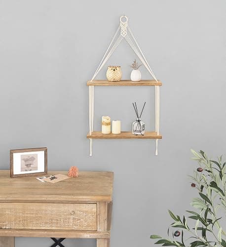 Mkono Macrame Hanging Shelf Boho Wall Decor 2 Tier Handmade Cotton Rope Rustic Wood Floating Shelves Display Photos Plants Hanging Storage Shelving for Living Room Nursery Bathroom Bedroom thumbnail 7