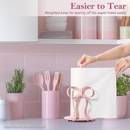 Shinlar Pink Bow Paper Towel Holder Coutertop - Bow Accent Paper Towel Holder, Pink Kitchen Decor and Accessories, Coquette Room Decor Girly Gifts for Women, 3D Handmade Pattern, Weighted Base thumbnail 2
