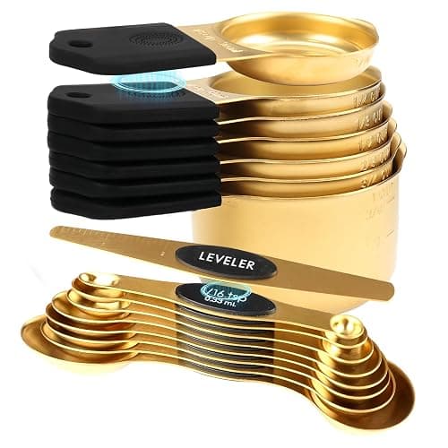 16-Piece Stainless Steel Measuring Cups and Spoons Set, Strong Magnetic Nesting Design 7 Cups 8 Spoons with Leveler, Double Measurement Markings for Dry & Liquid Ingredients, Gold - Image 1