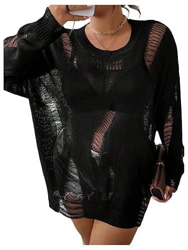 SHENHE Women's Plus Size Ripped Hollow Out Oversized Baggy Punk Sweaters | All Over Ripped Hollow Knit Design, Oversized Loose Fit, Match Shorts Boots for Street Concert Wear - Image 1
