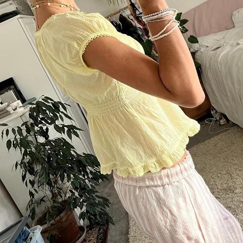 Women Fairy Crop Top Summer Teen Girl Vintage Short Sleeve Ruffle Hem Going Out Babydoll Top Y2k Shirt thumbnail 4