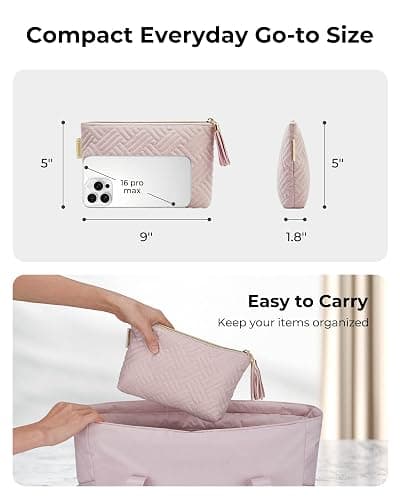 BAGSMART Small Makeup Bag for Women, Zipper Cosmetic Pouch for Purse | Quilted compact pink bag fits purses & totes. Organizes cosmetics, emergency kits & travel essentials with ease thumbnail 3
