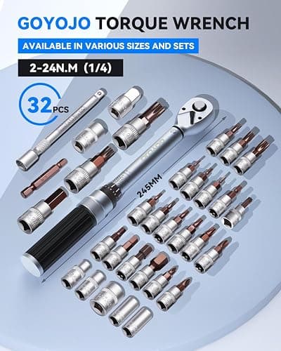 GOYOJO 32-Piece Torque Wrench Set, Chrome Vanadium Steel, 2-24 N.m - Includes 1/4" & 3/8" Sockets, T10-T40, M5-M8, H2-H8, PH1-PH3 Bits, 1/4" 4-Inch Extension - Versatile for Automotive, Cycling & DIY thumbnail 2