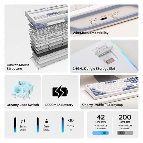 EPOMAKER TH108 PRO Full Size Mechanical Keyboard with Screen & Knob, Wireless Gaming Keyboard with 10000mAh, Creamy Gasket, Hot Swap, Custom Driver, RGB Backlight (White, Creamy Jade) thumbnail 2