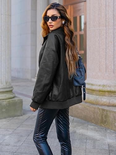 Women's Faux Oversized Leather Jacket Zip Up Motorcycle Bomber Fall Jacket thumbnail 3