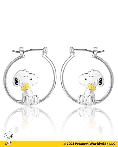 Peanuts Snoopy Earrings for Women Official License, Silver Flash-Plated Hoop Earrings with a Snoopy and Woodstock Accessory thumbnail 5