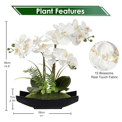 Briful Orchid Artificial Flowers 15in White Fake Orchid Silk Flowers with Black Pot Faux Phalaenopsis Arrangement for Home Office Room Table Centerpiece Modern Decor - Black White thumbnail 3
