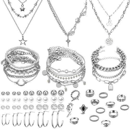 IFNODO 37pcs Silver Jewelry Set With 3 PCS Necklace, 14 PCS Bracelet, 7 PCS Ear Cuffs Earring, 6pcs Hoop Earrings,7pcs silver rings set For Women For Birthday Gifts - Image 1