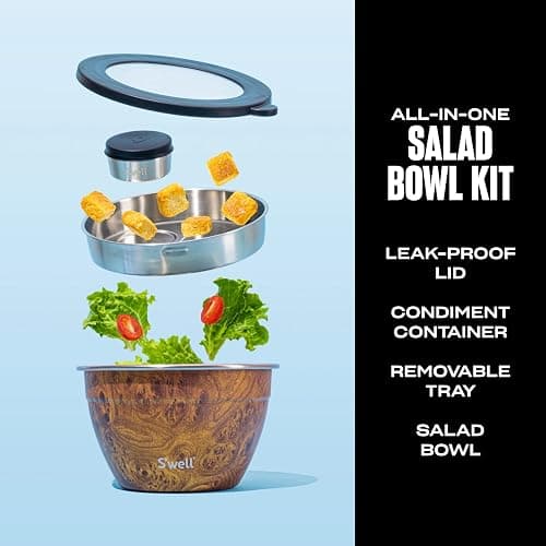 S’well Stainless Steel 64oz Salad Bowl Kit, Teakwood Finish, Includes 2oz Condiment Container and Removable Tray, Leak-Proof and Easy to Clean, Dishwasher Safe thumbnail 4