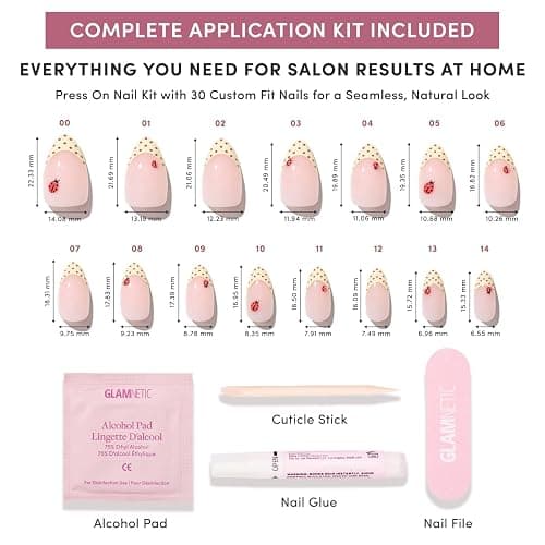 Glamnetic Press On Nails - Short Almond, Glossy Fake Nails 30 Pc Full Kit | Summer-ready Red press on nails in 15 sizes. French tip glue-on set. Waterproof, chip-resistant, up to 2 weeks wear thumbnail 7