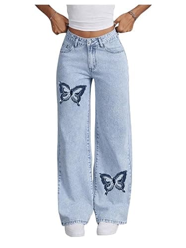 Floerns Women's Bowknot Embroidery Jeans Y2k Straight Leg Boyfriend Denim Pants - Image 1
