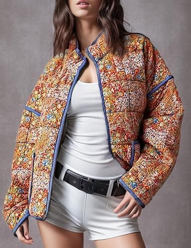 Wyeysyt Women's Cropped Quilted Jacket Floral Print Puffer Jackets Open Front Lightweight Jacket thumbnail 6