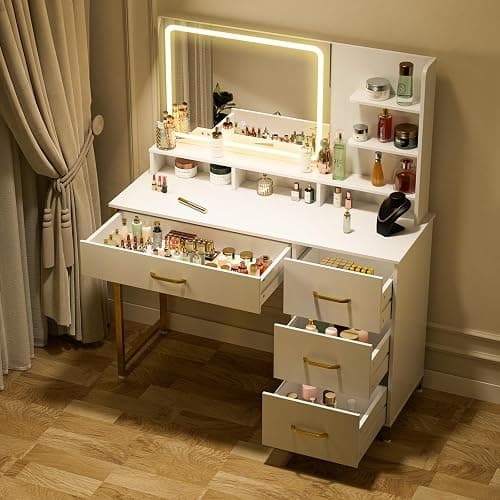 COMHOMA Vanity Desk with Mirror and Lights, Makeup Vanity Table with 4 Drawers & Storage Shelves, Large HD Mirror, 3 Color Modes & Adjustable Brightness, Modern Dressing Table for Bedroom, Pearl White thumbnail 8