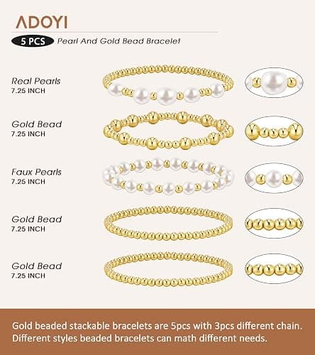 adoyi Gold Bracelets for Women Beaded Bracelet 14K Gold Plated Bracelet Stack Strand Stretch Bead Ball Bracelet Set Stackable Bracelet Adjustable Bracelet Set Jewelry for Gifts thumbnail 7