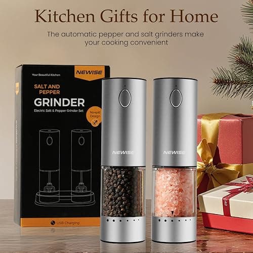 Newise Electric Salt and Pepper Grinder Set - Christmas Kitchen Gift, Rechargeable with LED Lights, Stainless Steel Automatic Mill, Adjustable Coarseness, Large Capacity, Silver thumbnail 7