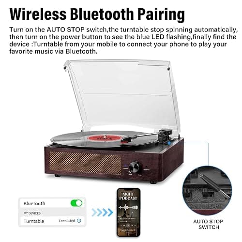 Vinyl Record Player Turntable with Built-in Bluetooth Receiver & 2 Stereo Speakers, 3 Speed 3 Size Portable Retro Record Player for Entertainment and Home Decoration thumbnail 3