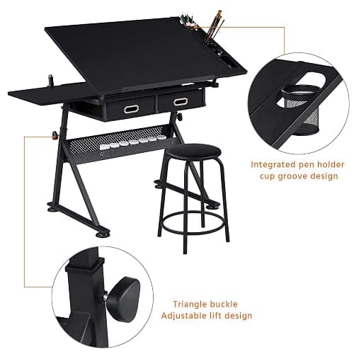 Yaheetech Drafting Table for Artists, Height Adjustable Drawing Desk Art/Craft Desk Diamond Paintings Work Station w/ 2 Storage Drawers and Stool for Home Office School, Black - Black - Large thumbnail 7