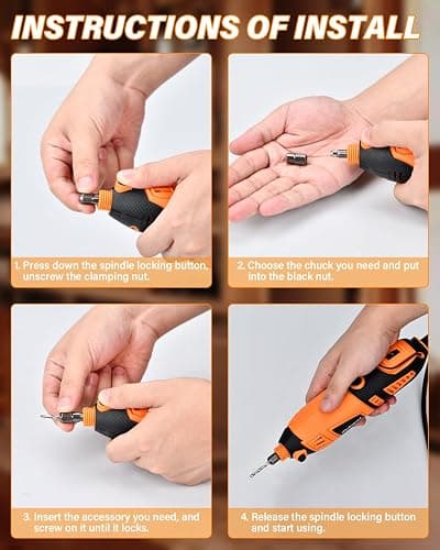 Akdomart Multiherramienta, 200W mini amoladora eléctrica, Herramienta Rotativa con 135 accesorios, 6 velocidades ajustables, 8000-35000 rpm, para grabar, taladrar, cortar, esmerilar thumbnail 7