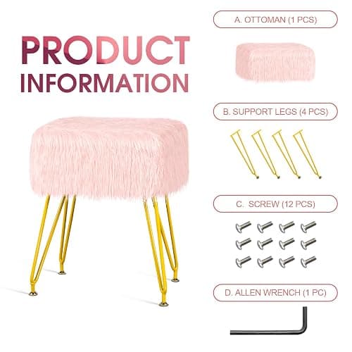 MOOWIND Vanity Stool Chair with Storage, Soft Ottoman Seat Vanity Stool with Anti-Slip Feet, Fluffy Padded Seat Multifunctional Footrest Side Table with 4 Metal Legs for Makeup, Bedroom, Pink thumbnail 8