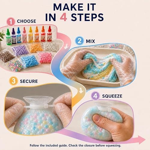 DIY Stress Ball Making Kit, 12 Empty Squishy Skins, Fillers, Slime & Clay | Extended-Neck Craft Kit, 20 Neck Protector Rings, 7 Colors, for Adults & Teens, ASMR Squeeze thumbnail 6