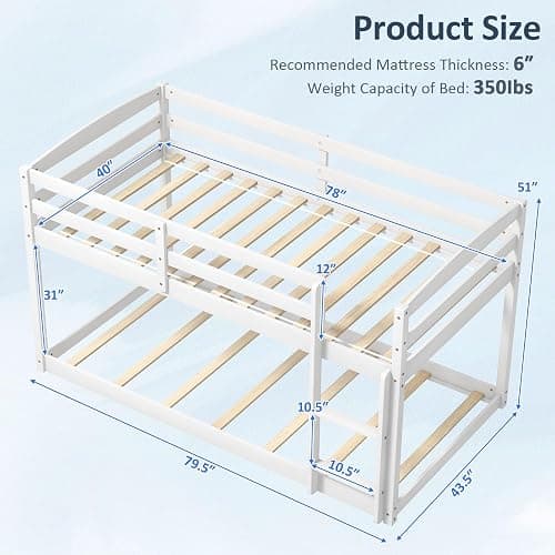 KOMFOTT Low Bunk Bed Twin Over Twin, Solid Wood Bunk Bed Frame with Built-in Ladder & Safety Guardrails, Space-Saving Low Bunk Bed for Kids, Teens, No Box Spring Needed thumbnail 2