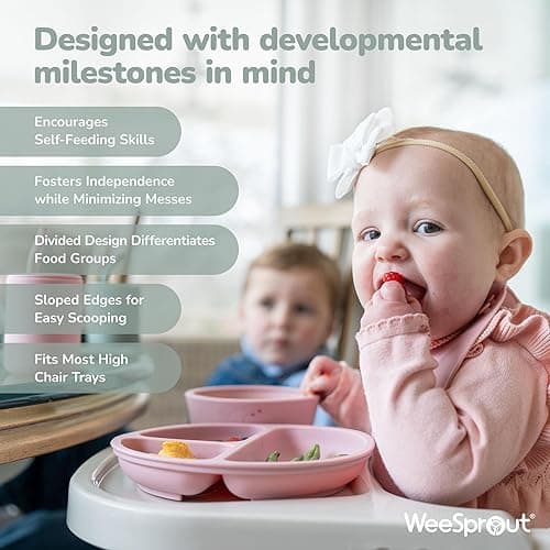 WeeSprout Suction Plates with Lids for Babies & Toddlers - 100% Silicone, Dinnerware Stays Put, Divided Design for Picky Eaters, Microwave & Dishwasher Friendly, 3 Pack - Matte Dark Grey, Blue & Green - With Lids thumbnail 4