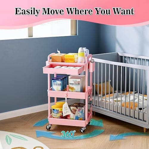 SUNALLY 3 Tier Rolling Cart with Drawer, Craft Storage Cart Organizer, Pink | Bathroom Storage Organizer with 2 Lockable Wheels, Rolling Utility Cart for Kitchen, Office, Baby, Makeup, Nail,Snack,Laundry thumbnail 4