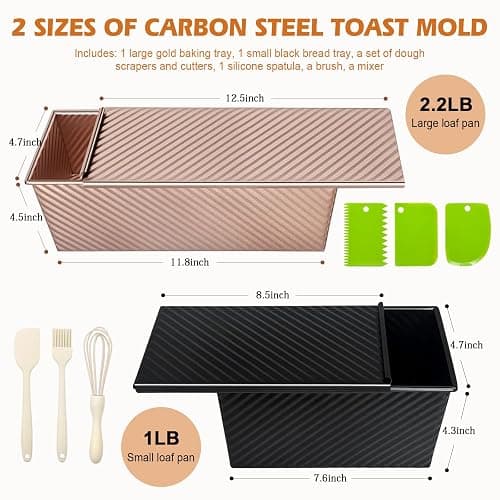 Dipanist 2Pack Pullman Loaf Pans with Lids – 2.2 LB & 1 LB Dough Capacity, Non-Stick Carbon Steel Bread Pans for Homemade Sandwich and Sourdough Bread, Corrugated Toast Mold thumbnail 2