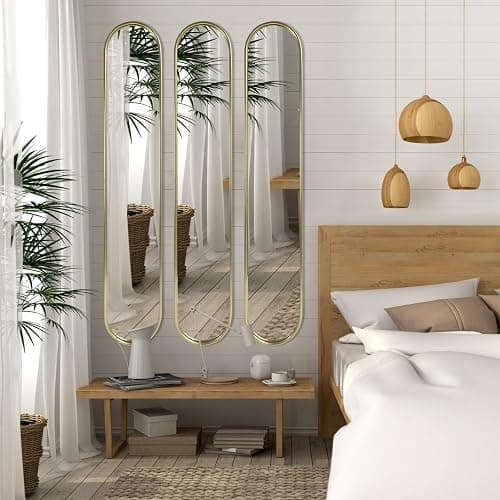OUSHUAI Gold Tall Mirror,Narrow Capsule Long Mirrors with Metal Frame for Entryway,Hallway,Living Room 44"X8" (3pcs) thumbnail 4