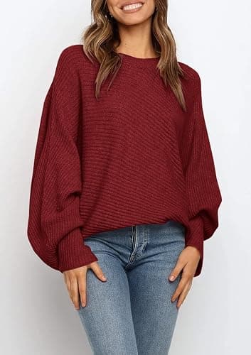 Mafulus Women's Oversized Crewneck Sweater Batwing Puff Long Sleeve Cable Slouchy Pullover Jumper Tops thumbnail 2