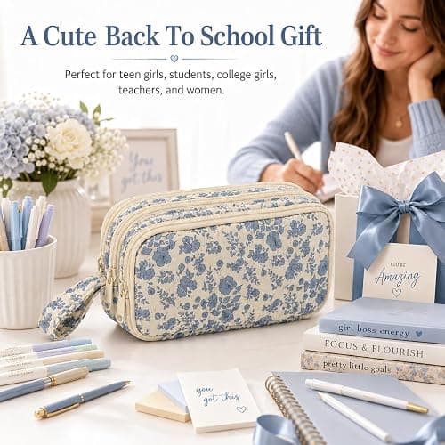Shirabags Cute Quilted Pencil Case for Girls, 3 Compartment Organizer | Large Capacity Pencil Case,Soft Quilted Floral Design with 3 Zipper Compartments For School Office Travel (Blue Floral) thumbnail 6