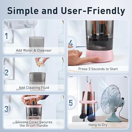 Electric Makeup Brush Cleaner Kit with Cleaning Solution, 9000 RPM, Pink | Automatic Cleaning, IP65 Water-Resistant Design, Multi-Size Holders, Cleans Makeup Brushes and Sponges, Compact for Travel thumbnail 6