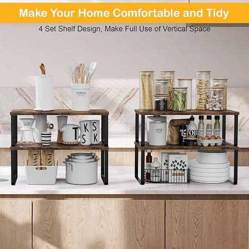 OGEMXU Cabinet Shelf Organizers, 15.7 inches Large Kitchen Counter Shelf, Set of 4 Wood Kitchen Pantry Organizer, Storage Shelves for Countertop, Spice Rack, Stackable, Expandable, Metal Black, Brown thumbnail 3