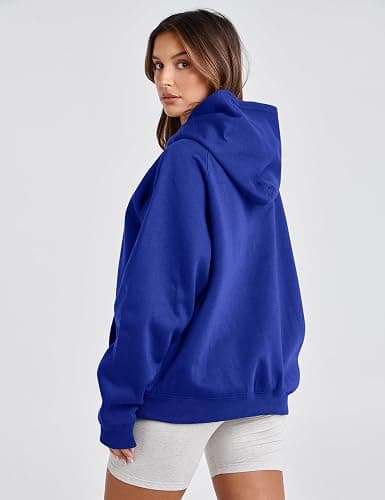 Lauweion Women Solid Basic Fleece Letter Loose Hoodie Sweatshirt Long Sleeve Kangaroo Pocket Drop Shoulder Pullovers Top thumbnail 5