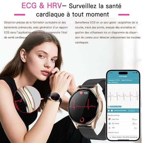Lgnitek 2026 Montre Connectée Femme avec ECG+HRV/IMC, 1,43" AMOLED Smartwatch avec Fonction Féminine, 24H Τе𝐧ѕіо𝐧 Αrтérіеllе/Fréquence Cardiaque/SpO2/Sommeil Monitor, IP68 Étanche pour Android iOS thumbnail 2