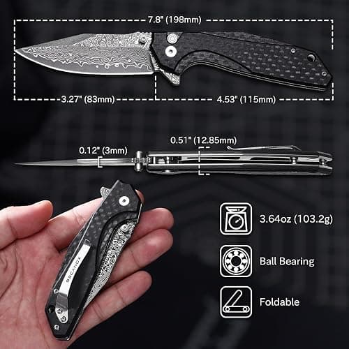SECANOX Damascus Pocket Knife, 3.35" Sharp Damascus Steel Blade Folding Knives with G10 Handle, EDC Knifes for Men Camping Hiking thumbnail 2
