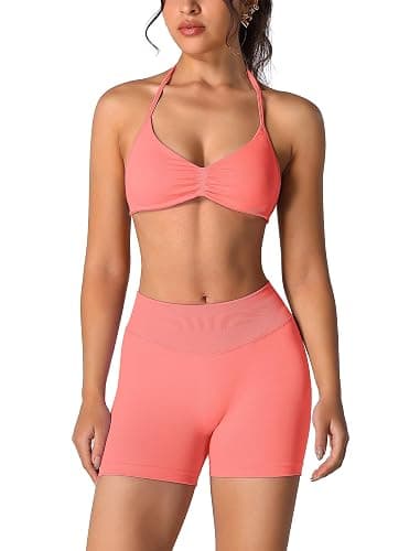 ABOCIW Womens Seamless Workout Sets 2 Piece Strappy Halter Sports Bra Scrunch Butt Shorts Gym Yoga Outfits - Image 1