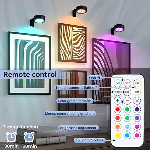 KELUOLY 4-Pack Wireless Battery Operated Painting Light with Remote Control,13 Color RGB Magnetic Led Art Picture Lights for Wall, Dimmable and Timer Poster Light, Wall Decor Black Display Light thumbnail 6