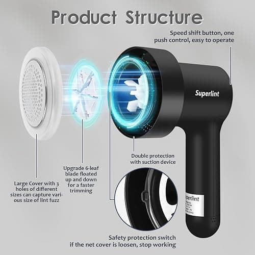 SUPER LINT Electric Fabric Shaver Electrostatic Brush, LED Display, 3-Speeds, Rechargeable Sweater Shavers to Remove Pilling for Clothing, Couch, Furniture, Black thumbnail 6