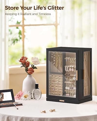 Glimmloop 360° Rotating Jewelry Box with 7 Drawers, Spacious Vertical Jewelry Organizer with Glass Window, Jewelry Storage Case, Dustproof & Moisture-resistant Design, Black thumbnail 2