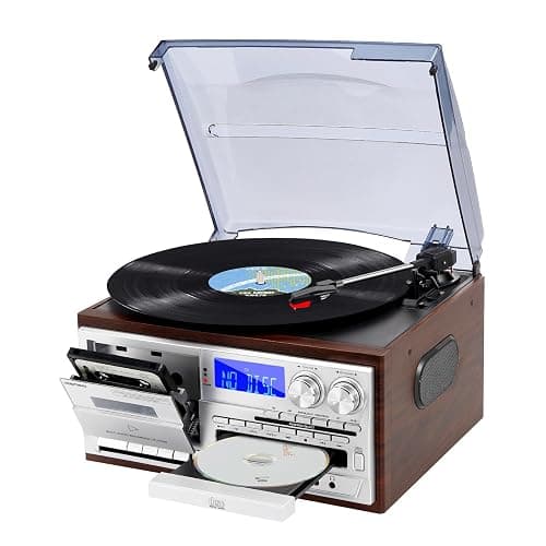 Bluetooth Record Player with 3 Speed Turntable CD Cassette USB SD AM FM Radio Remote Control and Built in Speakers for Home Entertainment and Vintage Vinyl Enjoyment - Silver-Brown - Image 1