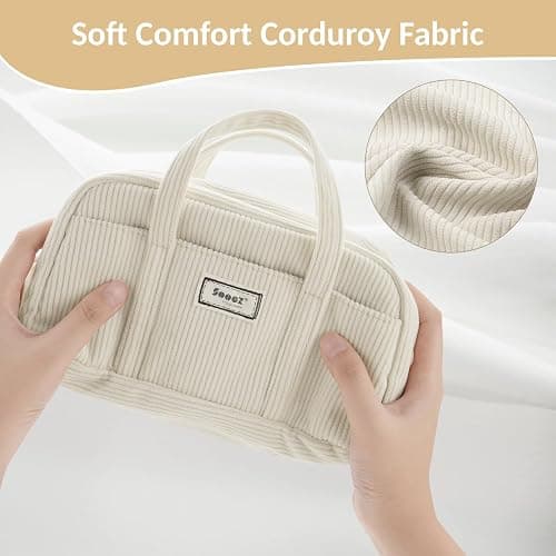 Sooez Large Pencil Case Pouch, Extra Big Pencil Bag with 5 Compartments, Pen Bag Wide Opening, Soft Corduroy Pencil Pouch Organizer with Zipper, Cute Aesthetic School Supplies for Teen Girls-Beige thumbnail 3