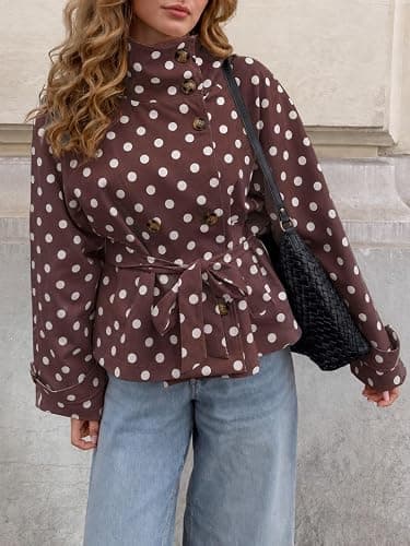 Tankaneo Womens Polka Dot Cropped Trench Coats Trendy Casual Short Jackets | Vintage, Street, Travel, Brunch, City Walk, Coffee, Weekend, Fall, Spring, Lightweight, Waist Belt, Oversized thumbnail 2