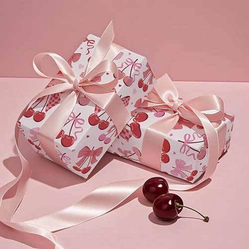 RUSPEPA Cherry Bow Wrapping Paper Roll, Valentine Gift Wrap, Pink and Red Wrap Paper for Girl Birthday, Valentine's Day, Bachelorette, Galentines, 17 Inch x 16.4 Feet thumbnail 3