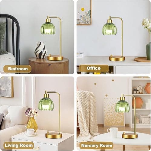 ILLMTW Green Table Lamp Set of 2,Small Glass Bedside Lamps Dimmable Boho Bedroom Lamp with Tulip Flower Lamp Shade,Gold Vintage Mid Century Modern Mini Nightstand Lamp for Bedroom Living Room thumbnail 6