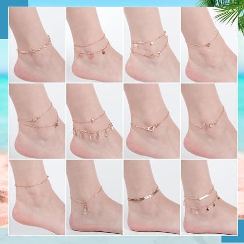 Hicarer 16 Pieces Ankle Bracelets 14K for Women Anklets Set Boho Beach Anklets Foot Chains Adjustable Foot Hand Jewelry Romantic Gift thumbnail 5