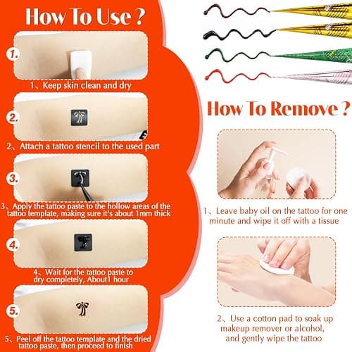 MuseLuxe Temporary Tattoos Stencils Kit,Temporary Tattoos Kit - 8 Pcs 4 Color(Brown,Black,Cherry red,Green), Ink with Gloves,DIY Body Art Painting for Women Men Adults Kids thumbnail 6