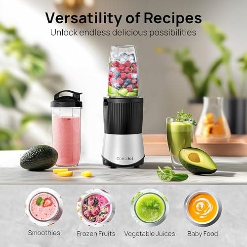 Consciot CB08 11-Piece Blender for Kitchen and Personal Size, Blend Shakes and Smoothies, Frozen Drinks, Baby Food, Spreads & More, 3 Portable To-Go Cups & 2 Spout Lids & 1 Solid Lid, 900 Peak Watts thumbnail 5
