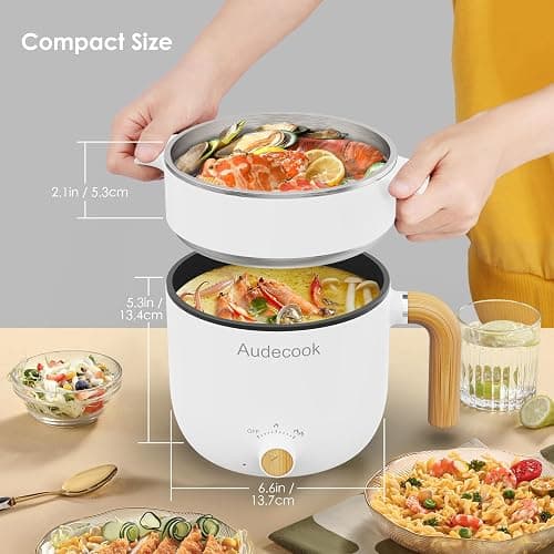 Audecook Hot Pot Electric with Steamer, 1.5L Portable Nonstick Rapid Noodles Cooker, Travel Electric Skillet with Dual Power Control for Ramen/Pasta/Soup/Steak/Egg/Oatmeal (White) thumbnail 3